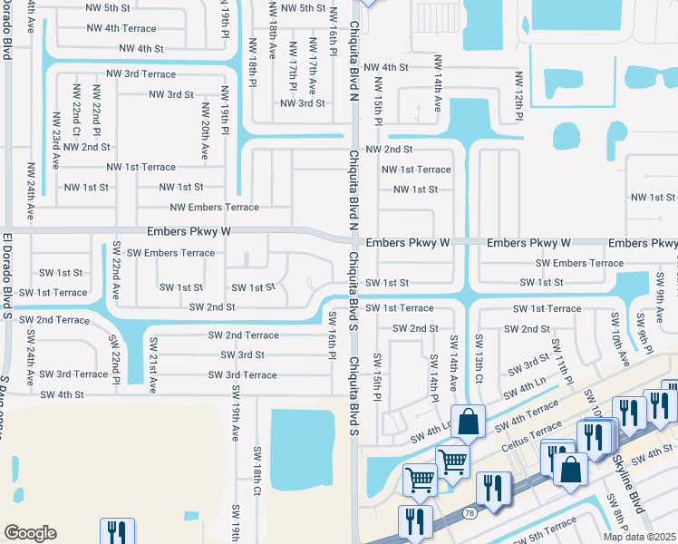 map of restaurants, bars, coffee shops, grocery stores, and more near 21 Southwest 16th Place in Cape Coral