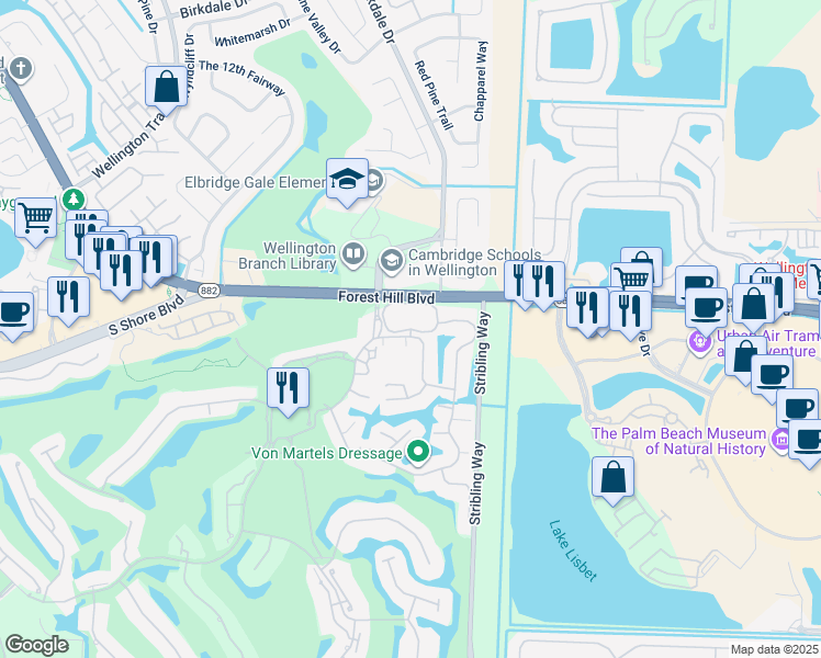 map of restaurants, bars, coffee shops, grocery stores, and more near Wimbledon Cir in Wellington