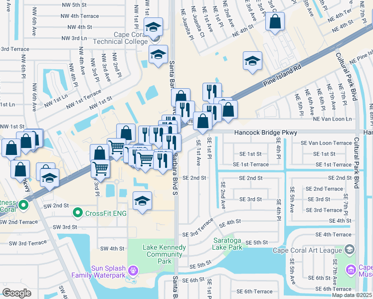 map of restaurants, bars, coffee shops, grocery stores, and more near 132 Southeast Santa Barbara Place in Cape Coral