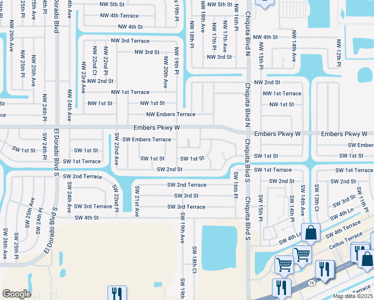 map of restaurants, bars, coffee shops, grocery stores, and more near 1816 Embers Lane in Cape Coral