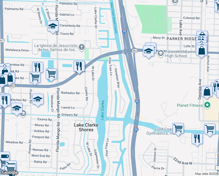 map of restaurants, bars, coffee shops, grocery stores, and more near 7137 Pine Tree Lane in West Palm Beach