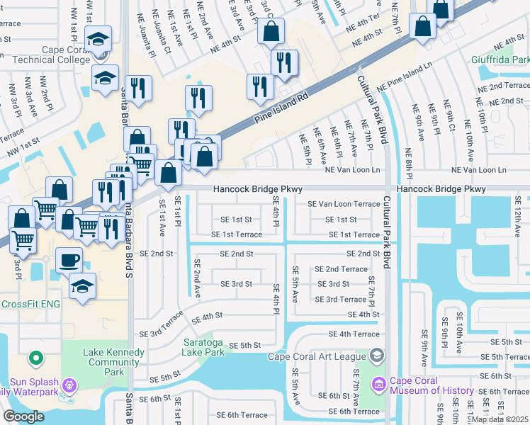 map of restaurants, bars, coffee shops, grocery stores, and more near 119 Southeast 4th Avenue in Cape Coral