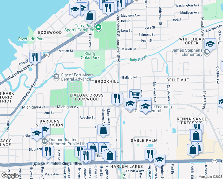 map of restaurants, bars, coffee shops, grocery stores, and more near 1430 Gardenia Avenue in Fort Myers
