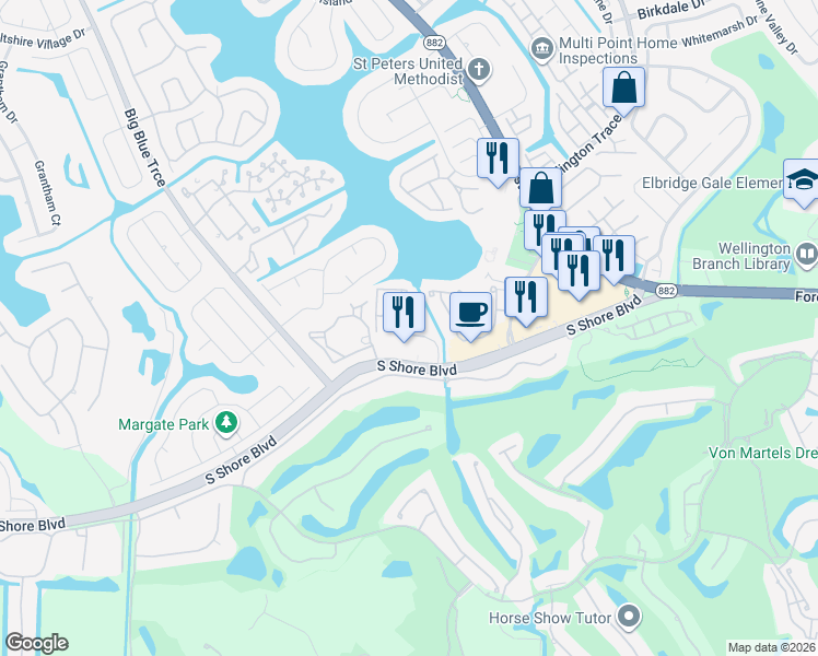 map of restaurants, bars, coffee shops, grocery stores, and more near 2141 Vinings Circle in Wellington