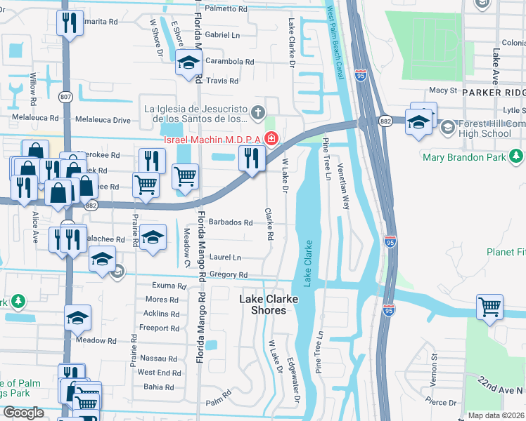 map of restaurants, bars, coffee shops, grocery stores, and more near 7201 Clarke Road in West Palm Beach