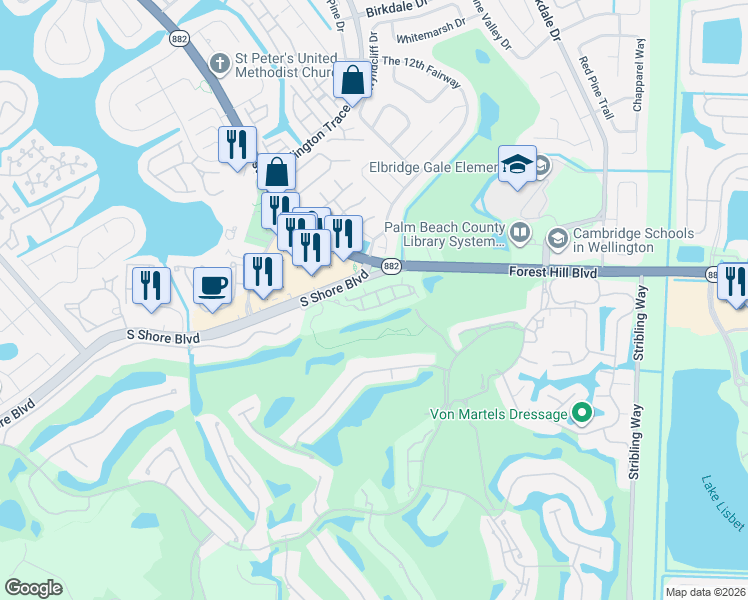 map of restaurants, bars, coffee shops, grocery stores, and more near 11761 Saint Andrews Place in Wellington