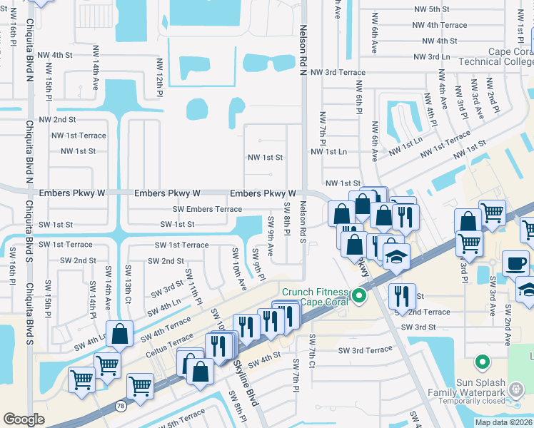 map of restaurants, bars, coffee shops, grocery stores, and more near 900 Southwest Embers Terrace in Cape Coral