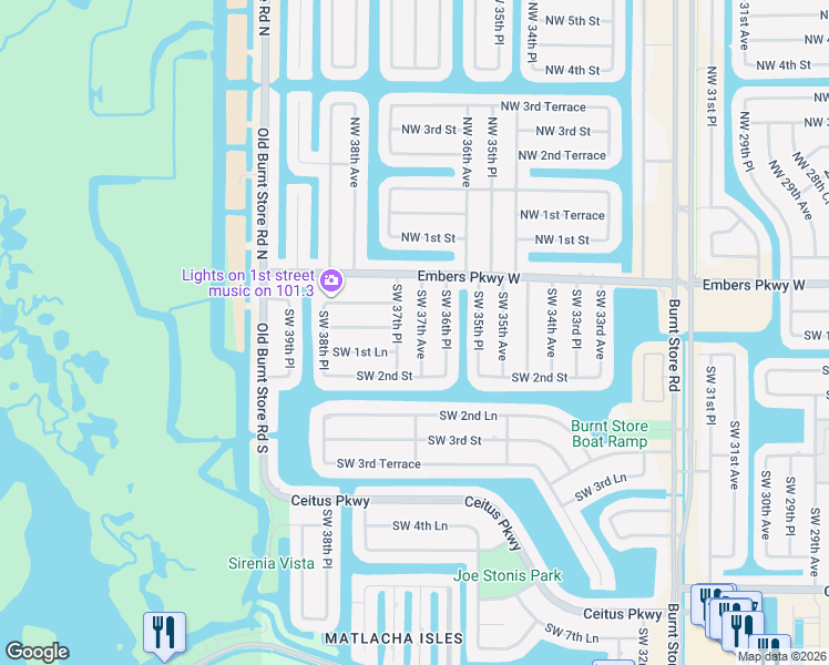 map of restaurants, bars, coffee shops, grocery stores, and more near 118 Southwest 37th Avenue in Cape Coral