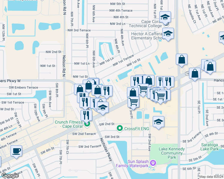 map of restaurants, bars, coffee shops, grocery stores, and more near 419 Southwest Pine Island Road in Cape Coral