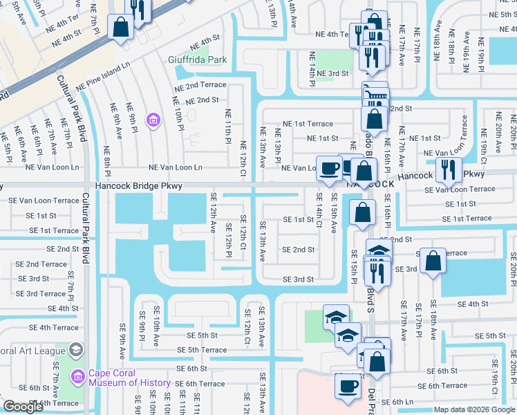 map of restaurants, bars, coffee shops, grocery stores, and more near 22 Southeast 13th Avenue in Cape Coral