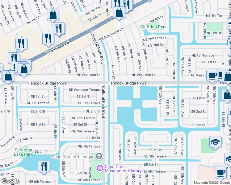 map of restaurants, bars, coffee shops, grocery stores, and more near 21 Southeast 8th Place in Cape Coral