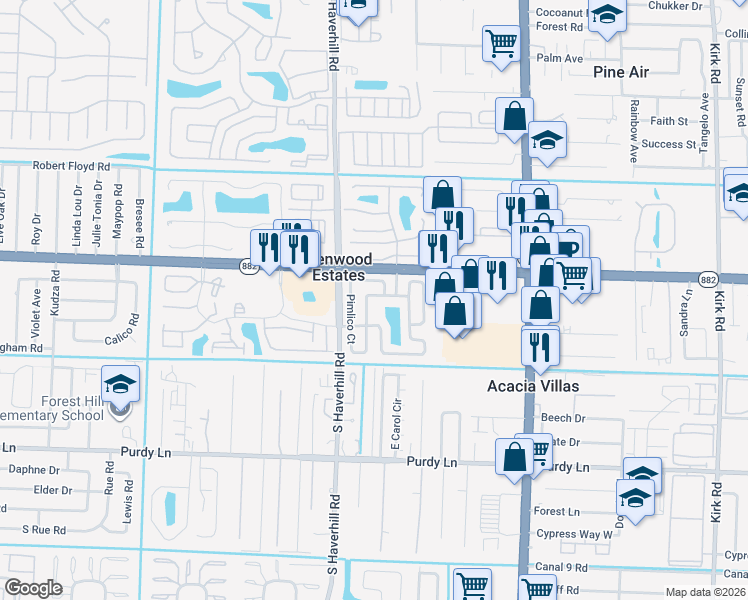 map of restaurants, bars, coffee shops, grocery stores, and more near 4878 Pimlico Court in West Palm Beach