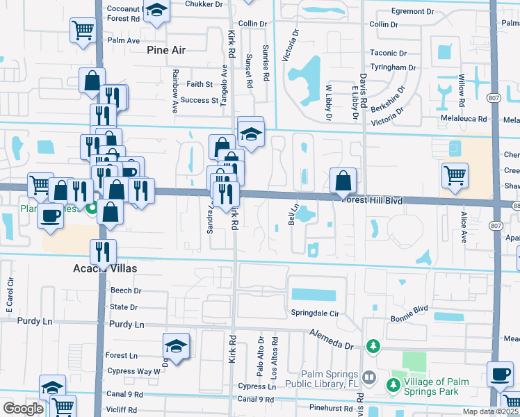 map of restaurants, bars, coffee shops, grocery stores, and more near 1805 Shadetree Way in Palm Springs