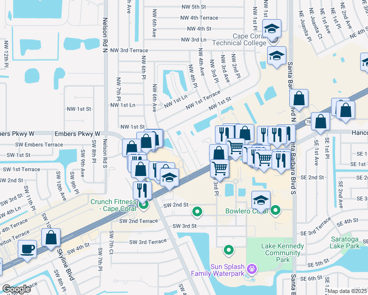 map of restaurants, bars, coffee shops, grocery stores, and more near 419 Southwest Pine Island Road in Cape Coral