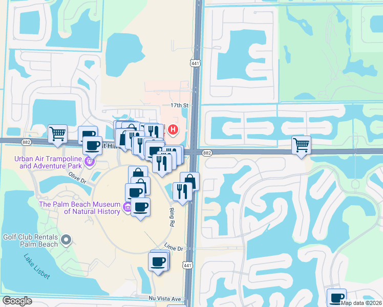 map of restaurants, bars, coffee shops, grocery stores, and more near FL-7 & Forest Hill Blvd in Wellington