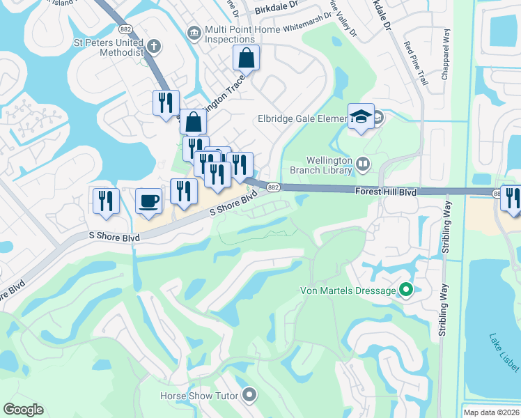 map of restaurants, bars, coffee shops, grocery stores, and more near 11761 Saint Andrews Place in Wellington