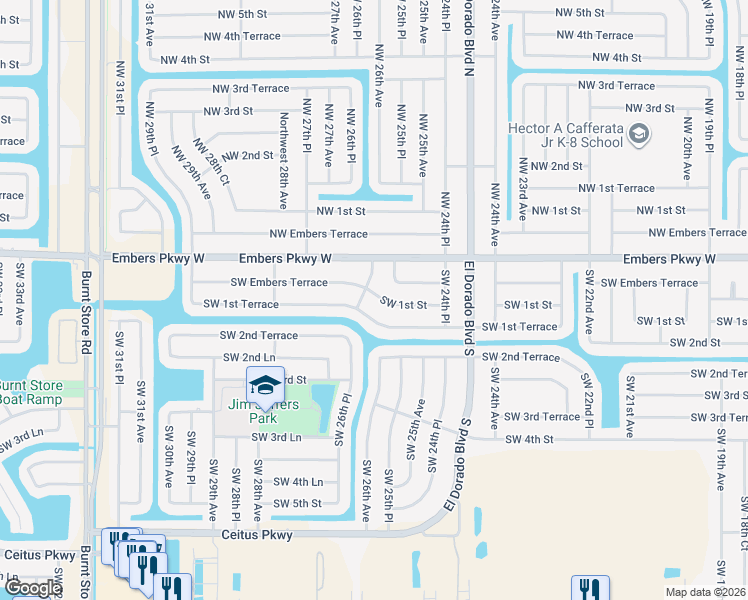 map of restaurants, bars, coffee shops, grocery stores, and more near 2528 Southwest 1st Street in Cape Coral