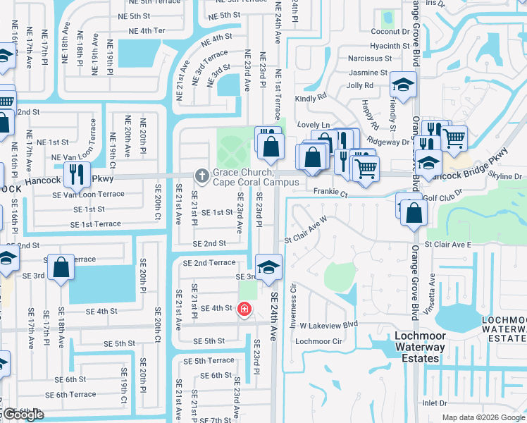 map of restaurants, bars, coffee shops, grocery stores, and more near 102 Southeast 23rd Place in Cape Coral