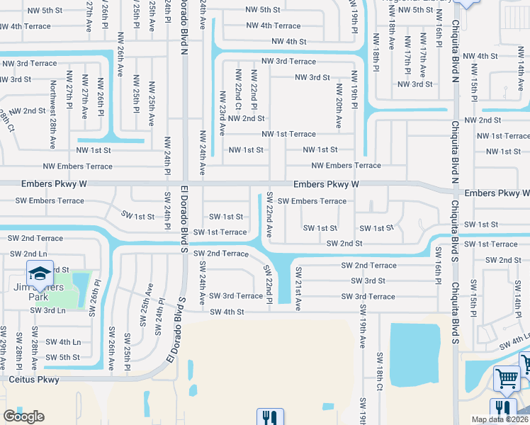 map of restaurants, bars, coffee shops, grocery stores, and more near 26 Southwest 22nd Avenue in Cape Coral