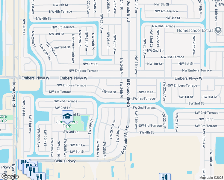 map of restaurants, bars, coffee shops, grocery stores, and more near 2505 Southwest 1st Street in Cape Coral