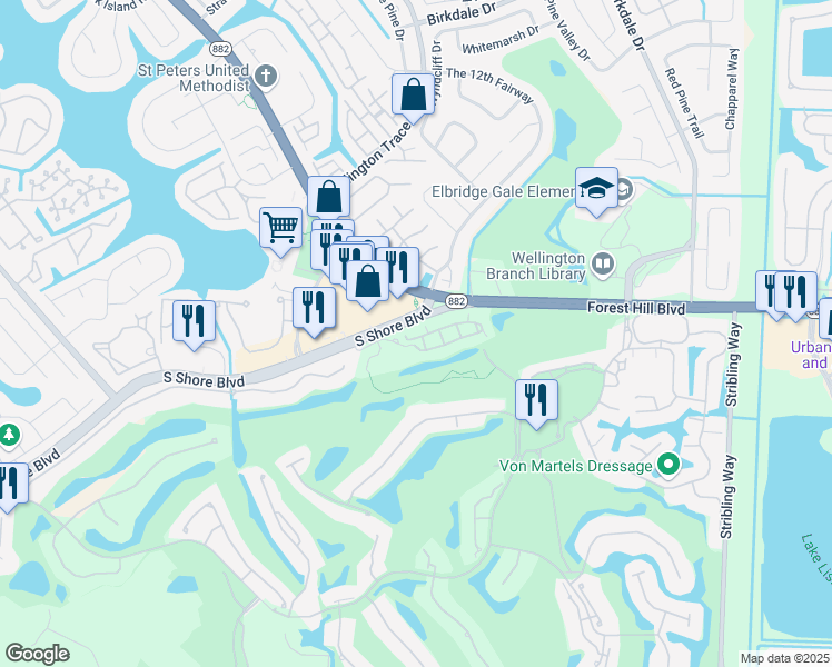 map of restaurants, bars, coffee shops, grocery stores, and more near 11934 South Shore Boulevard in Wellington