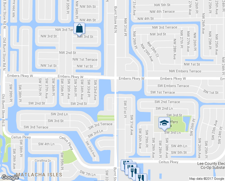 map of restaurants, bars, coffee shops, grocery stores, and more near 112 Burnt Store Road in Cape Coral