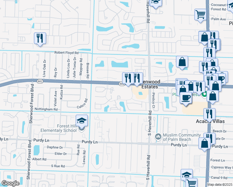 map of restaurants, bars, coffee shops, grocery stores, and more near 1782 Abbey Road in West Palm Beach