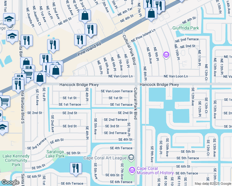 map of restaurants, bars, coffee shops, grocery stores, and more near 606 Southeast Van Loon Terrace in Cape Coral