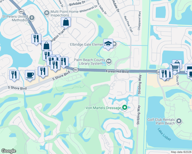 map of restaurants, bars, coffee shops, grocery stores, and more near 11585 Polo Club Road in Wellington