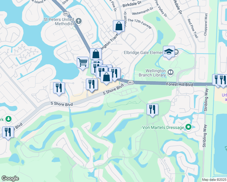 map of restaurants, bars, coffee shops, grocery stores, and more near 11934 South Shore Boulevard in Wellington