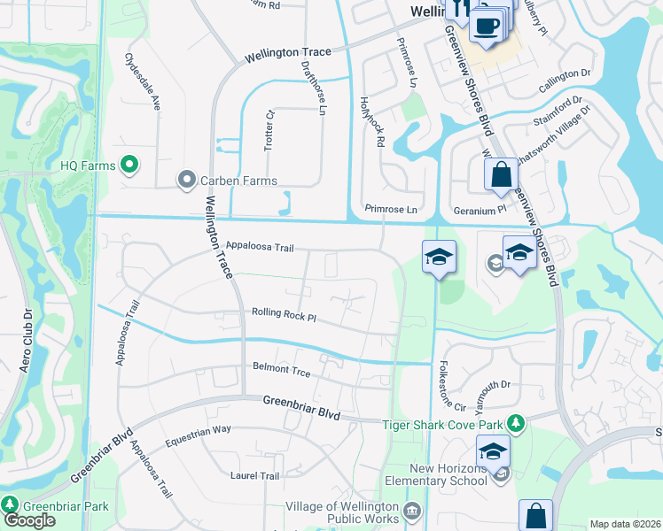 map of restaurants, bars, coffee shops, grocery stores, and more near 2889 Appaloosa Trail in Wellington