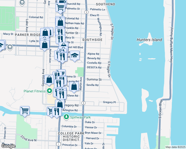 map of restaurants, bars, coffee shops, grocery stores, and more near 223 Summa Street in West Palm Beach