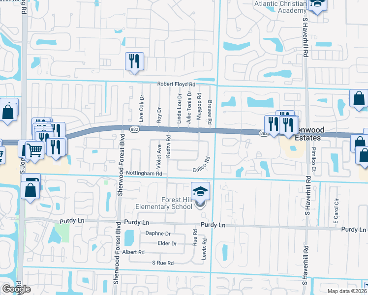 map of restaurants, bars, coffee shops, grocery stores, and more near 5690 Cinnamon Drive in West Palm Beach