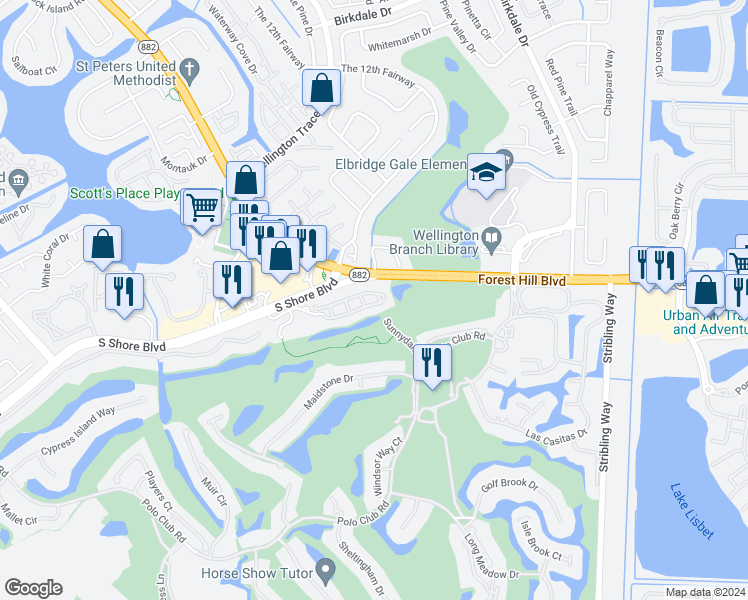 map of restaurants, bars, coffee shops, grocery stores, and more near 11740 Saint Andrews Place in Wellington