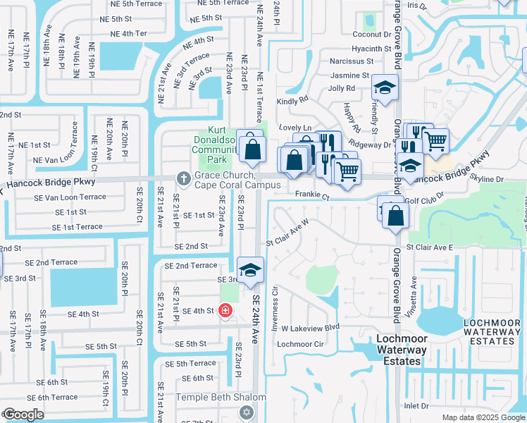 map of restaurants, bars, coffee shops, grocery stores, and more near 104a Southeast 24th Avenue in Cape Coral