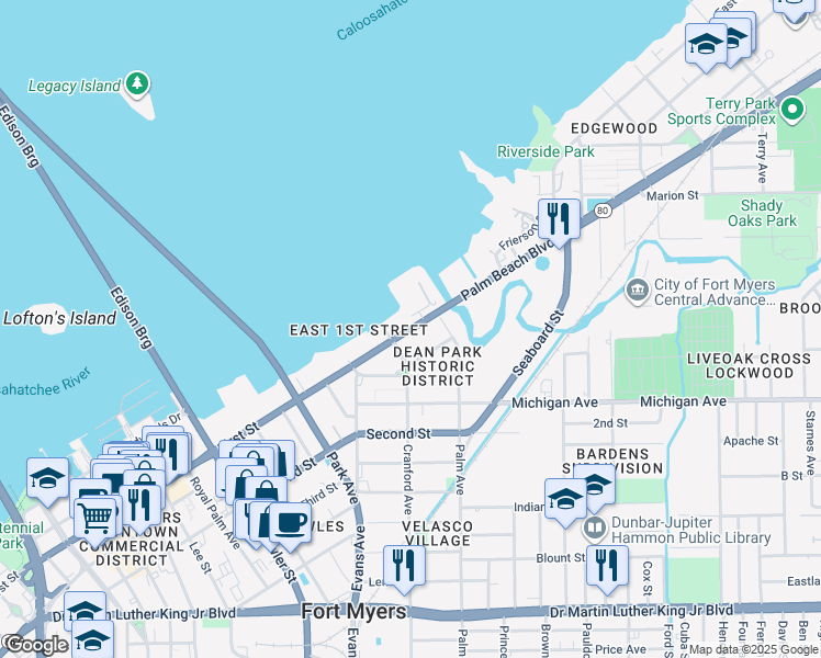 map of restaurants, bars, coffee shops, grocery stores, and more near 2731 First Street in Fort Myers