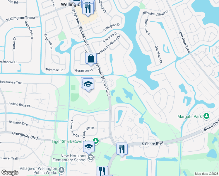 map of restaurants, bars, coffee shops, grocery stores, and more near 2040 Greenview Shores Boulevard in Wellington