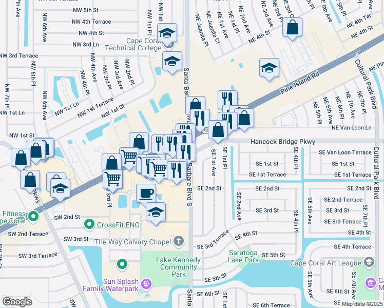 map of restaurants, bars, coffee shops, grocery stores, and more near Santa Barbara Blvd & Hancock Bridge Pkwy in Hancock