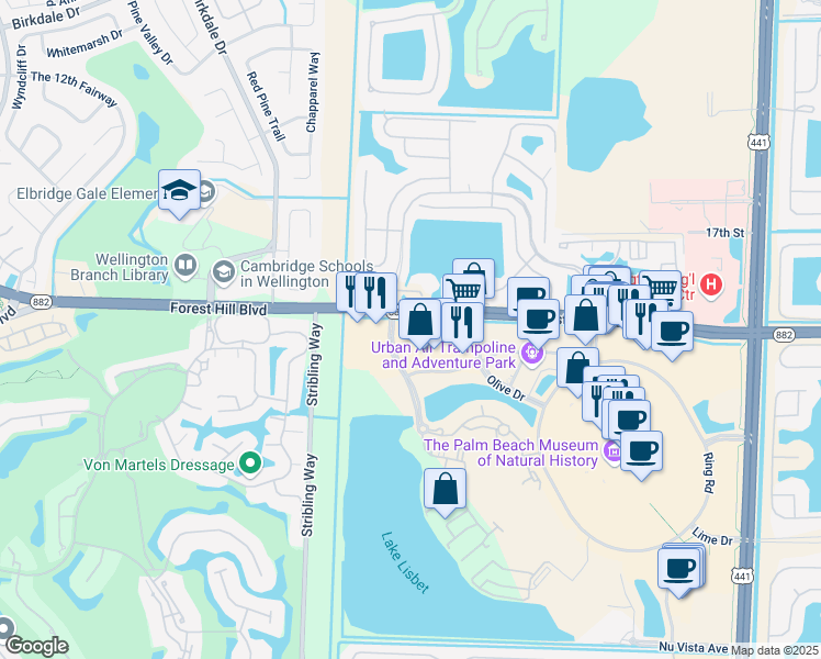 map of restaurants, bars, coffee shops, grocery stores, and more near 10690 Forest Hill Boulevard in Wellington