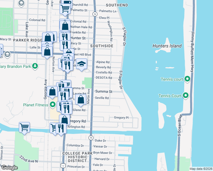 map of restaurants, bars, coffee shops, grocery stores, and more near 210 Miramar Way in West Palm Beach