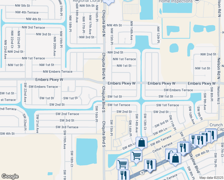 map of restaurants, bars, coffee shops, grocery stores, and more near 1499 Southwest Embers Terrace in Cape Coral