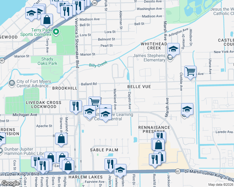 map of restaurants, bars, coffee shops, grocery stores, and more near 1438 Markland Avenue in Fort Myers