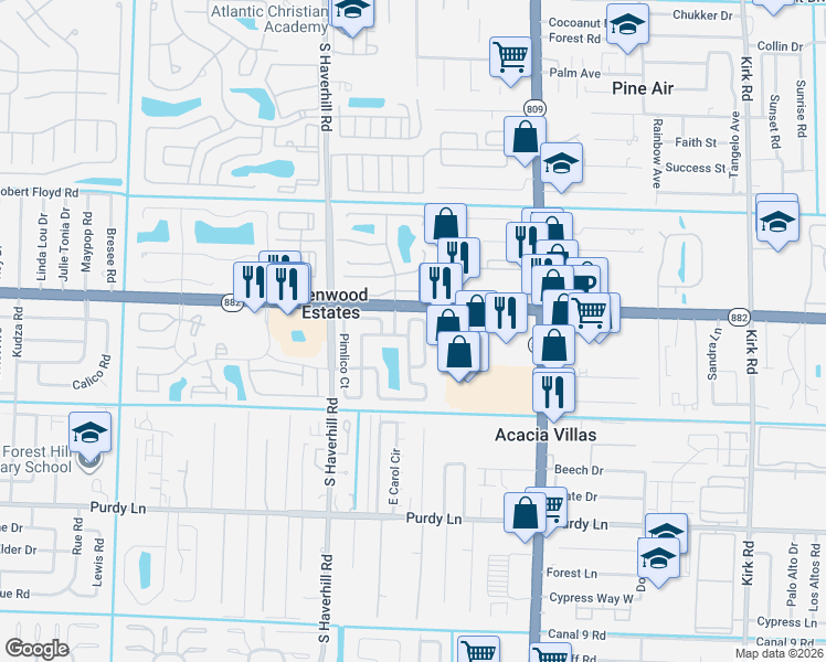 map of restaurants, bars, coffee shops, grocery stores, and more near 4830 Pimlico Court in West Palm Beach