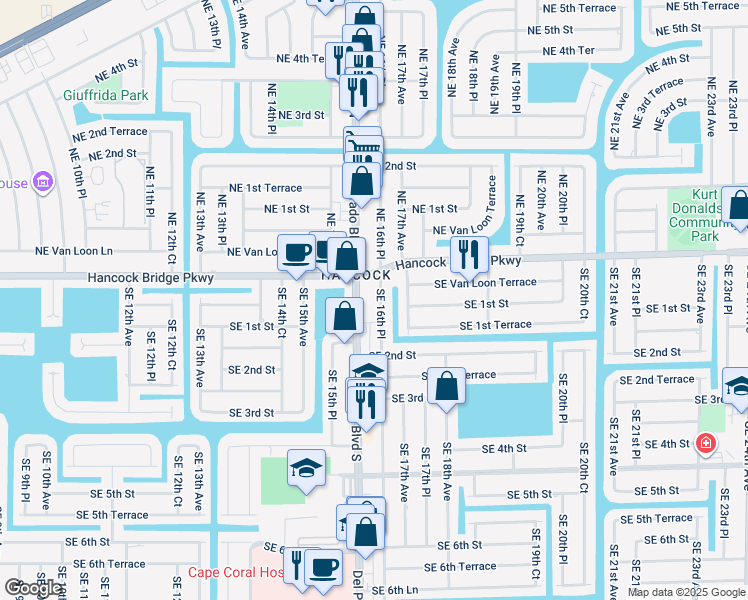map of restaurants, bars, coffee shops, grocery stores, and more near 104 Southeast 16th Place in Cape Coral