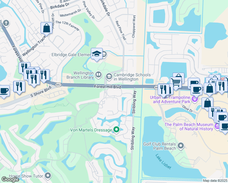 map of restaurants, bars, coffee shops, grocery stores, and more near 11685 Wimbledon Circle in Wellington