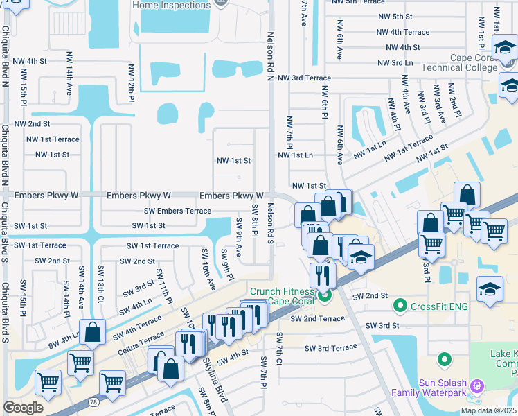 map of restaurants, bars, coffee shops, grocery stores, and more near 9 Southwest 8th Place in Cape Coral
