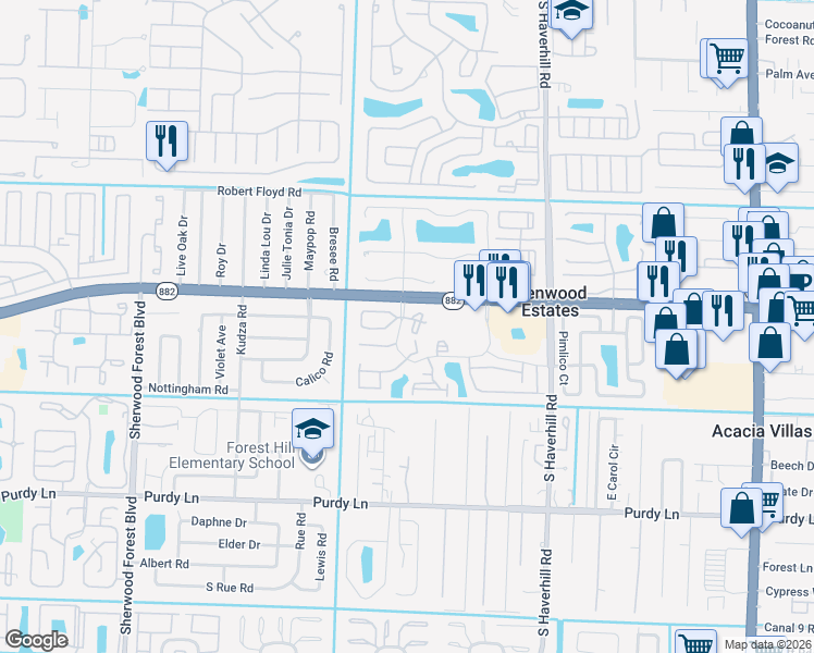 map of restaurants, bars, coffee shops, grocery stores, and more near 1867 Abbey Road in West Palm Beach
