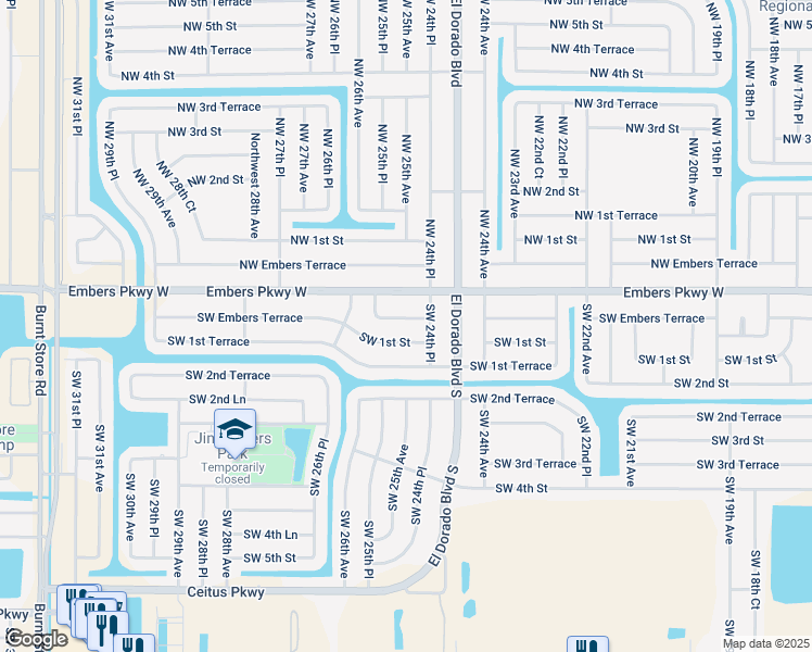 map of restaurants, bars, coffee shops, grocery stores, and more near 2446 Southwest Embers Terrace in Cape Coral