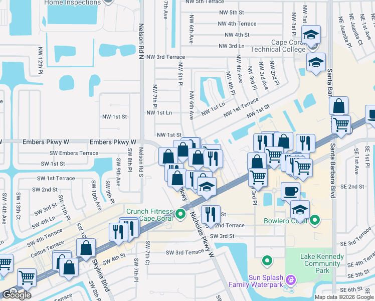 map of restaurants, bars, coffee shops, grocery stores, and more near 622 Southwest 1st Street in Cape Coral