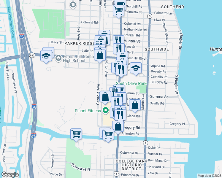 map of restaurants, bars, coffee shops, grocery stores, and more near 429 Summa Street in West Palm Beach